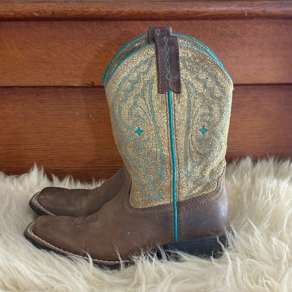 Ariat Kids QuickDraw Gold Sparkle with Teal Stitching Western Boots